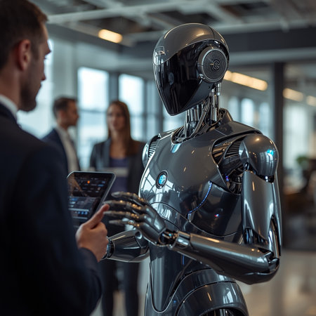 Side view of female robot holding smartphone and looking at male colleague in officeの素材