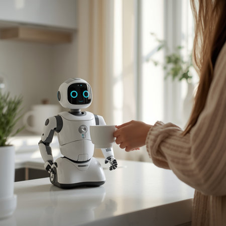 Young woman holding cup of coffee and talking with robot at table in kitchenの素材