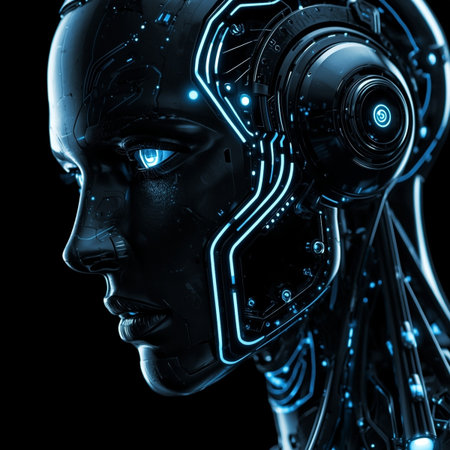 3D rendering of a female cyborg isolated on a black backgroundの素材
