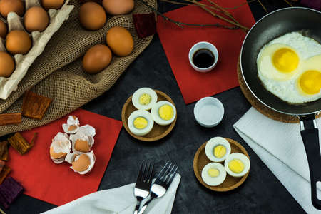 The composition of eggs, laid on the tableの写真素材