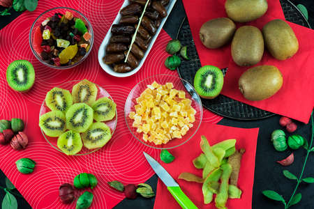 The composition of kiwi fruit and dried fruitの写真素材