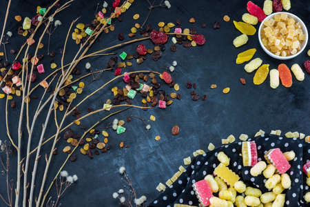 Composite picture posted of dry fruits and sweetsの写真素材