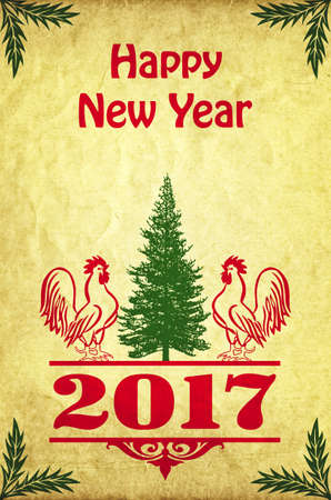 New Year poster with roosters and the Christmas tree in retro styleの写真素材