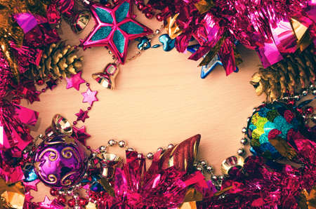 Christmas background of fir-tree toys and decorationsの写真素材