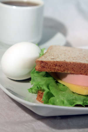 An egg and a sandwiche on a plate and a cup of tea  against light background