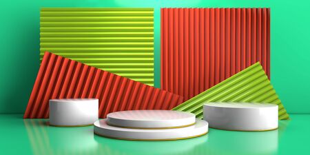 Scene with geometrical forms, white round platform, minimal green background for commercial advertising, orange and green zigzag wall forms, pastel platform, 3D render illustrationの写真素材