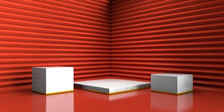 Scene with geometrical forms, white square platform, minimal red background for commercial...
