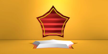Scene with geometrical forms, white star platform, minimal orange background for commercial advertising, Red zigzag wall forms with Star on wall, pastel platform, 3D render illustrationの写真素材