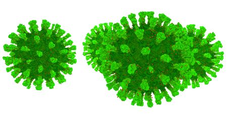 Isolated coronavirus bacteria 3D illustration with green shapes on a green sphere shape in front of white background.の写真素材