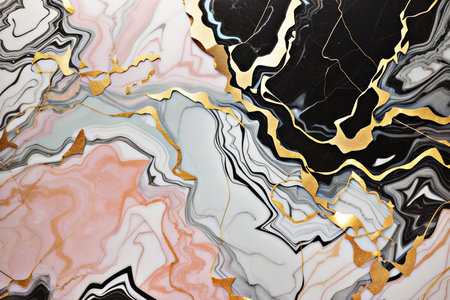Marble patterned background. Marbling texture design with gold, black and white colors.の素材