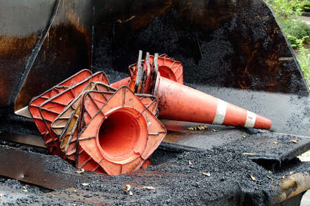 A Pile Of Oil Stains Traffic Conesの写真素材