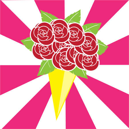 Red Rose Bouquet Wrapped Up With Yellow Paper On White And Pink Rays Backgroundのイラスト素材