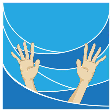 Someone Drowning In the Sea : Hands Showing Over Blue Seaのイラスト素材