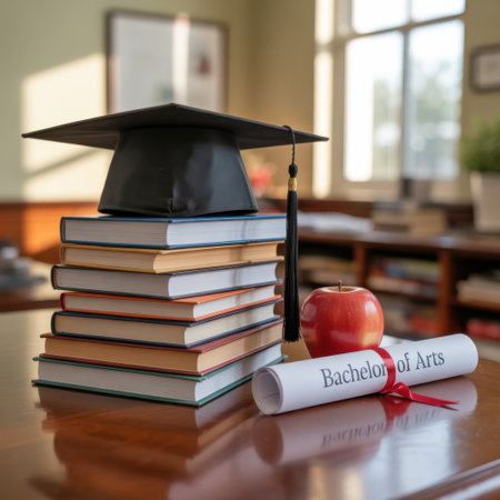 Graduation Cap, Books, Apple, and Diploma on a Tableの素材