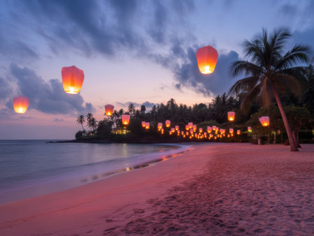Numerous glowing sky lanterns float above a tropical beach at dusk, illuminating the sand and sea.の素材