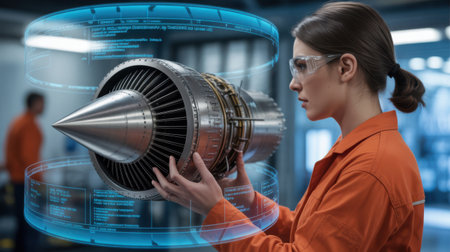 A woman in an orange jumpsuit and safety goggles examines a holographic jet engine in a high-tech industrial setting with digital data and blue lighting.の素材