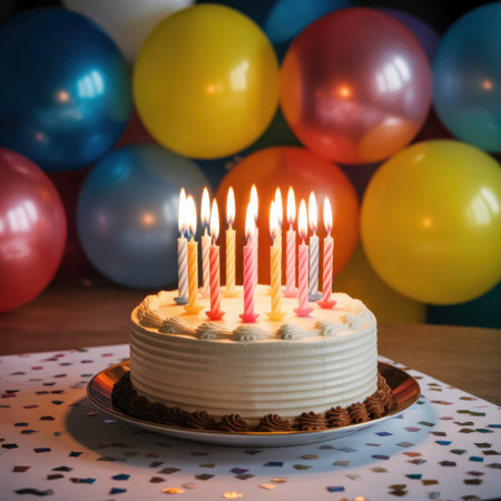A festive birthday cake with lit candles sits on a table, surrounded by colorful balloons.の素材