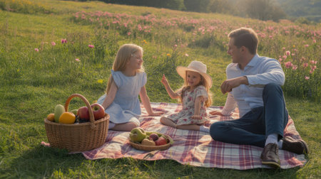 A father and his two young daughters share a joyful picnic on a checkered blanket in a sun-drenched meadow.の素材