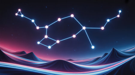 A glowing neon constellation hovers above a surreal, abstract landscape of glowing lines and mountains.の素材