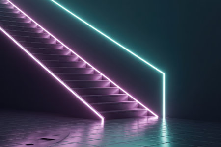 A modern staircase illuminated by vibrant pink and teal neon lights, casting reflections on a tiled floor.の素材