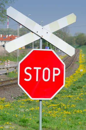 red railway cross  stop signの写真素材