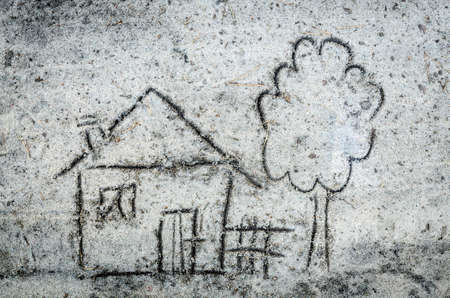 close up to house  drawing on sandの写真素材