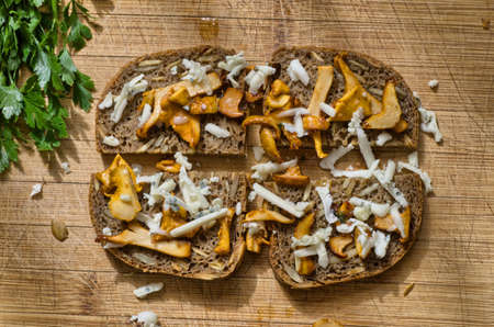 bread toast with girole mushroom and cheeseの写真素材