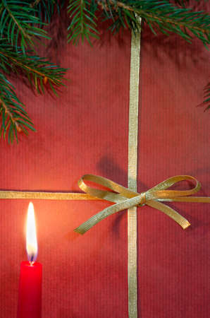 christmas decoration on red paper backgroundの写真素材