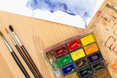 watercolor palette in wooden paintbox