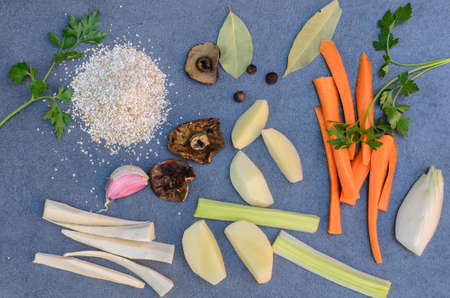 ingredients for vegetable and barley soupの写真素材