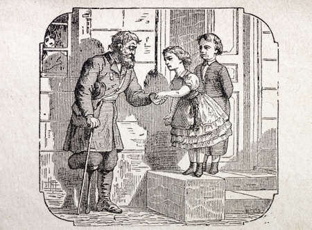 children and pauper old engravingの写真素材