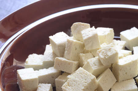 raw soya tofu on tableの写真素材