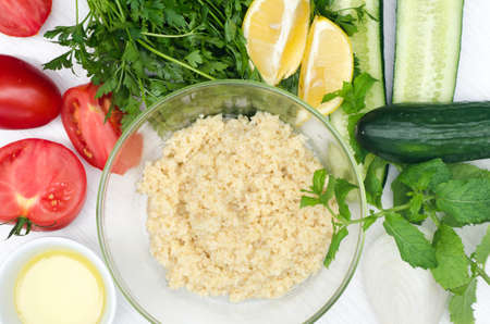 tabbouleh lebanese salad with bulgur and fresh vegetablesの写真素材