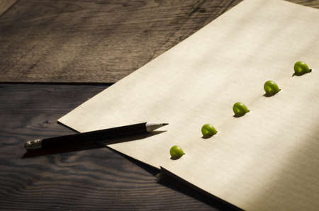 old notebook and pencil on tableの写真素材