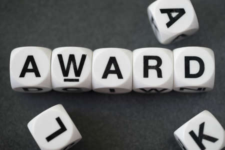 word award on white toy cubesの写真素材