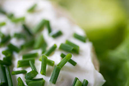 healthy small open sandwich with chives  and cottage cheese selective focus macroの写真素材