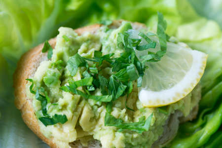 healthy small open sandwich with avocado selective focus macroの写真素材