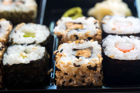 sushi in box closeup selective focusの写真素材