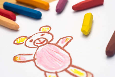 Child crayon drawing, teddy bear, selective focusの写真素材