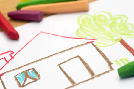 Child crayon drawing, house, selective focusの写真素材