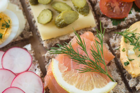 healthy small open sandwiches  on table cheese selective focus macro