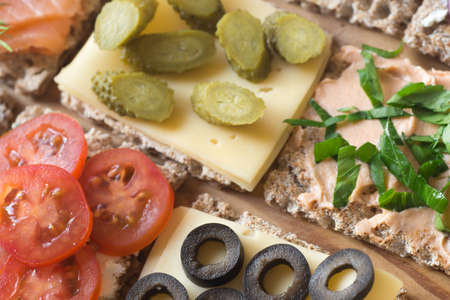 healthy small open sandwiches  on table cheese selective focus macro
