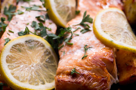 salmon baked in oven with lemon macroの写真素材