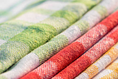 multicolored checkered kitchen towels closeupの写真素材
