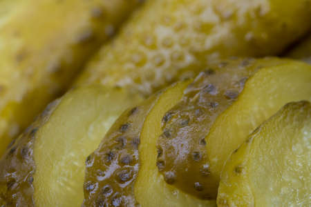 pickled gherkins on plate macroの写真素材