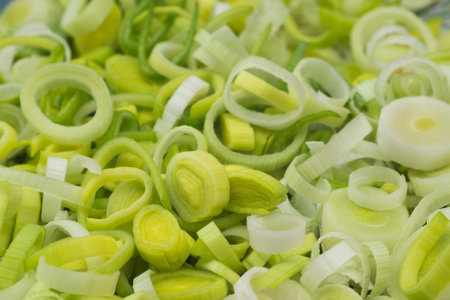 chopped sliced leek closeupの写真素材