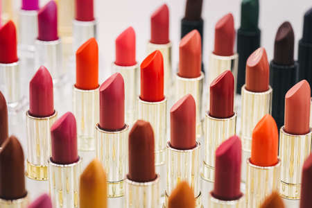 Set of color lipsticks on white background.の写真素材