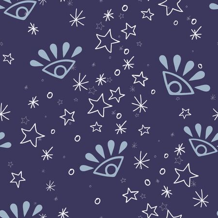 Vector Magical Forest Fairy Eyes in Blue seamless pattern background.のイラスト素材