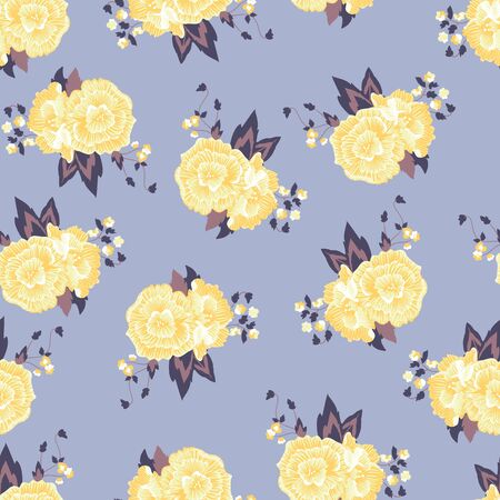 Vector Soft Yellow Roses on Purple seamless pattern background.のイラスト素材