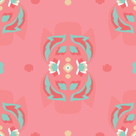 Vector Folklore Rose and Leaves Symmetrical Composition on Pink seamless pattern background. Perfect for fabric, wallpaper and scrapbooking projects.のイラスト素材